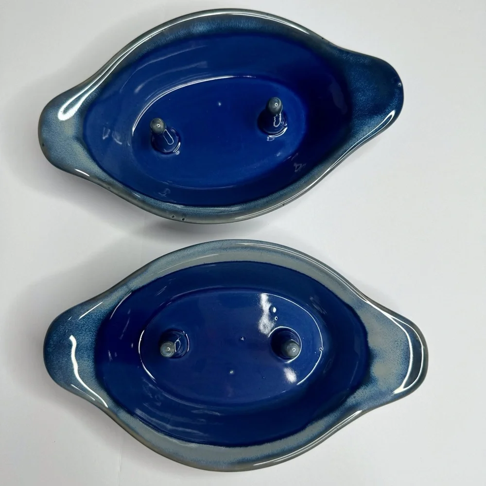 Set of 2 Ceramic Clay Baked Potato Cooker Holder Blue Speckle Glaze Farmcore - Picture 6 of 11